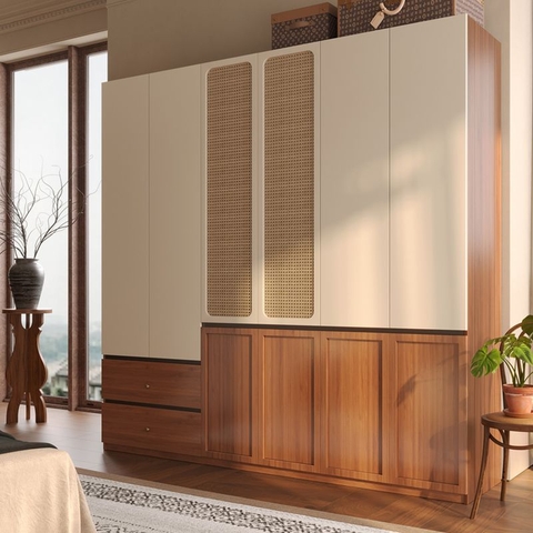 Tủ Quần Áo Gỗ Tự Nhiên Kết Hợp Cánh Mây