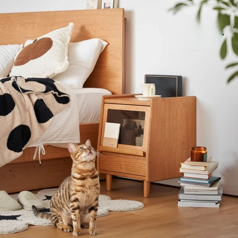 Tủ Đầu Giường Gỗ Tự Nhiên Thiết Kế Kính Hiện Đại