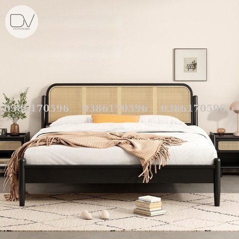 Giường gỗ mã DV6 - Giường ngủ Decor kết hợp mây mắt cáo từ gỗ thông nhập khẩu