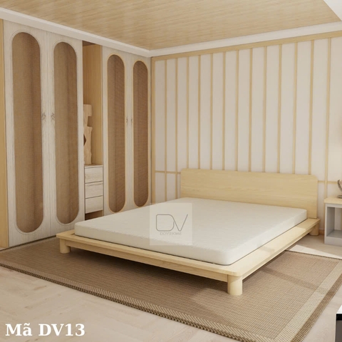 Giường gỗ DV13 - Giường ngủ Decor, giường chân tròn, có viền bo cạnh,tựa đầu tối giản làm từ gỗ thông nhập khẩu