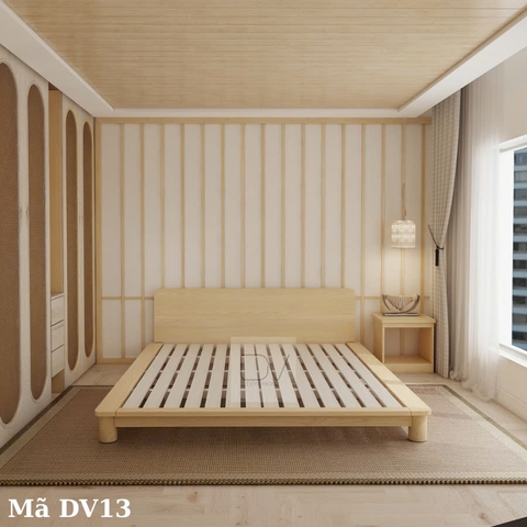 Giường gỗ DV13 - Giường ngủ Decor, giường chân tròn, có viền bo cạnh,tựa đầu tối giản làm từ gỗ thông nhập khẩu