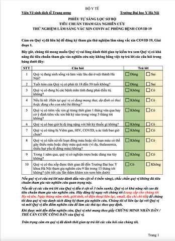 TUYỂN TÌNH NGUYỆN VIÊN THAM GIA THỬ NGHIỆM LÂM SÀNG GIAI ĐOẠN 1- VẮC XIN PHÒNG COVID-19