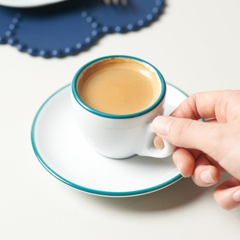 Bộ đĩa và Ly sứ Ancap Espresso vẽ tay viền Màu xanh ngọc, 75ml