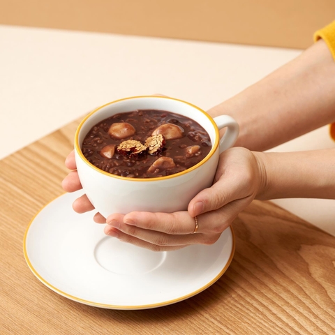 Bộ đĩa và Ly sứ Ancap Large Cappuccino vẽ tay viền Màu vàng, 260ml