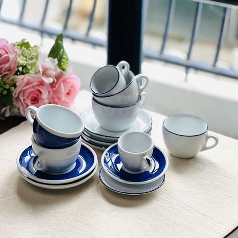 Bộ đĩa và Ly sứ Ancap Cappuccino vẽ tay viền Màu xanh biển, 190ml