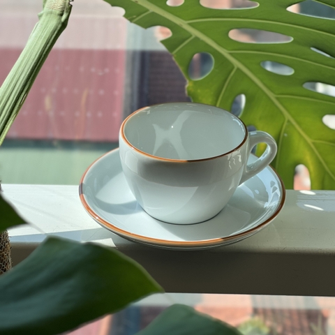 Bộ đĩa và Ly sứ Ancap Cappuccino vẽ tay viền Màu caramel, 190ml