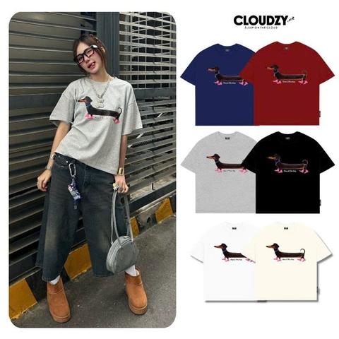 Áo thun tay lỡ unisex form rộng in hình chó xúc xích đeo ủng hồng chất cotton dày dặn Cloudzy NICE DAY