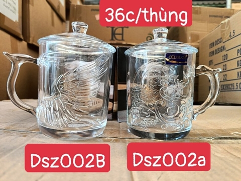 LY THỦY TINH CÓ NẮP IN RỒNG - PHƯỢNG