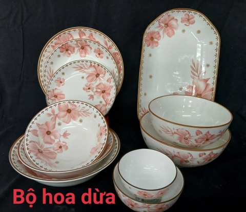 BỘ TÔ CHÉN ĐĨA GỐM SỨ 4D HOA DỪA