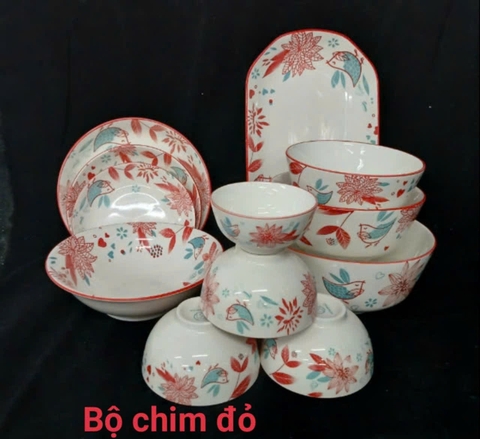 BỘ TÔ CHÉN ĐĨA GỐM SỨ 4D BỘ CHIM ĐỎ