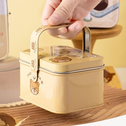 Hộp thiếc đựng bánh kẹo gấu thỏ hình chữ nhật có quai xách