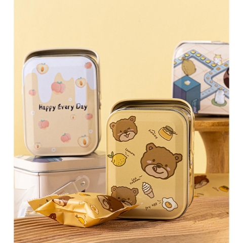 Hộp thiếc đựng bánh kẹo gấu thỏ hình chữ nhật có quai xách