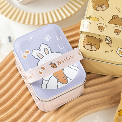 Hộp thiếc đựng bánh kẹo gấu thỏ hình chữ nhật có quai xách