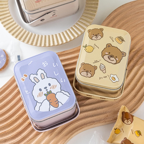 Hộp thiếc đựng bánh kẹo gấu thỏ hình chữ nhật có quai xách