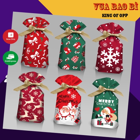 Túi đựng bánh kẹo thủ công có dây rút hoạ tiết Giáng sinh