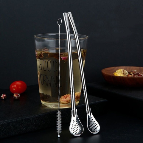 Ống hút kiêm thìa lọc dùng trong uống cà phê, trà sữa, các loại thức uống, chất liệu inox 304 cao cấp - HVL TEA