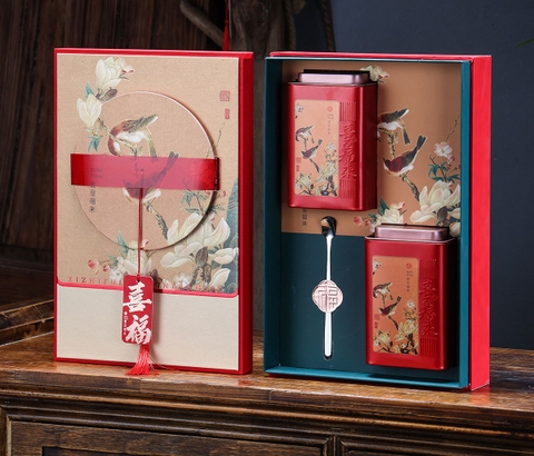 Bộ Hộp Trà 2 Hũ Họa Tiết Đôi Chim & Hoa Đào Trắng - Quà Tặng Cao Cấp HVL