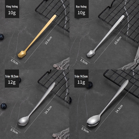 Thìa pha cà phê inox 304 mạ vàng pha trà muỗng cafe cán dài kiểu dáng hiện đại thiết kế sang trọng chiều dài 13-15-17 cm