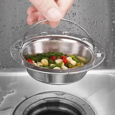 Lọc rác bồn rửa bát, rửa chén inox, bộ lọc chậu rửa chống tắc, có quai inox - HVL TEA