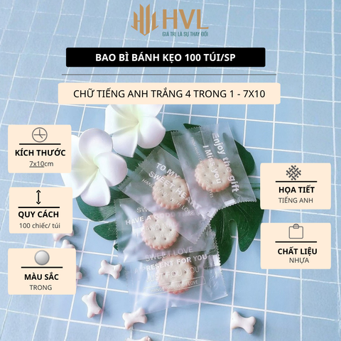 Túi đựng bánh họa tiết Sweet lãng mạn, chữ tiếng anh trắng 4in1 - 100 túi/sp