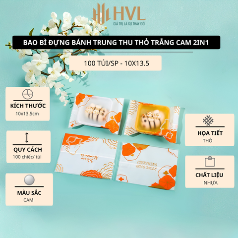 Bao bì đựng bánh trung thu Thỏ Trắng Cam 2in1, 100 túi/sp