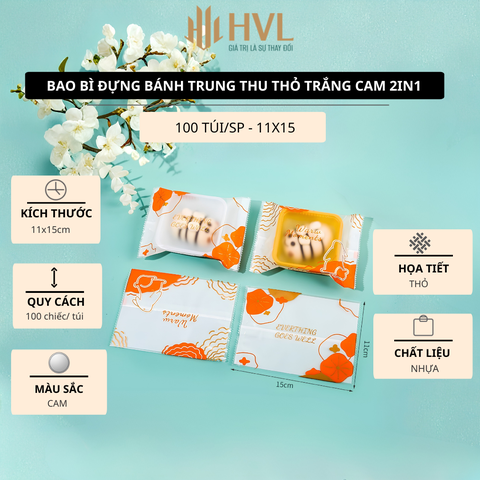 Bao bì đựng bánh trung thu Thỏ Trắng Cam 2in1, 100 túi/sp