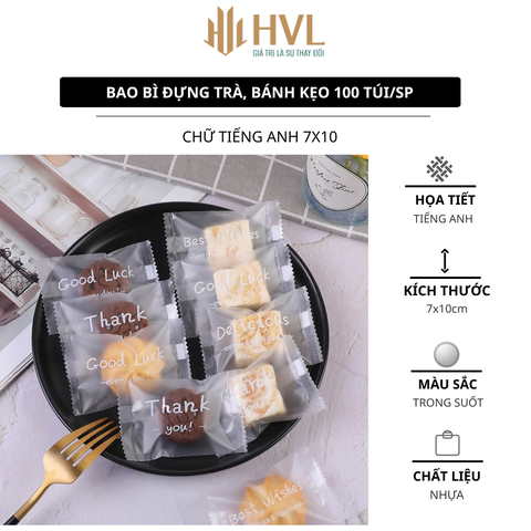 Túi đựng bánh họa tiết Sweet lãng mạn, chữ tiếng anh trắng 4in1 - 100 túi/sp