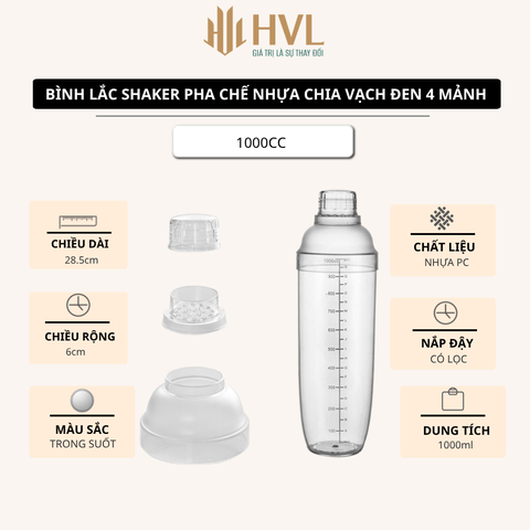 Bình lắc Shaker pha chế nhựa chia vạch đen 4 mảnh