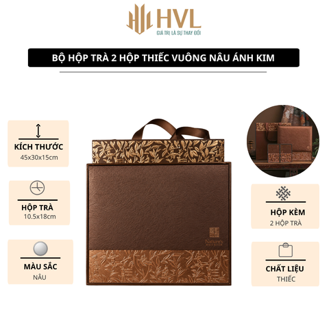 Bộ Hộp Trà 2 Hộp Thiếc Vuông Nâu Ánh Kim Sang Trọng - HVL