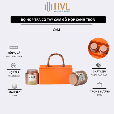 Bộ hộp trà có tay cầm gỗ 2 hộp tròn cao cấp - HVL TEA
