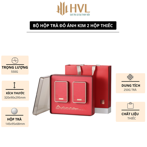 Bộ hộp trà đỏ ánh kim 2 hộp thiếc kèm túi
