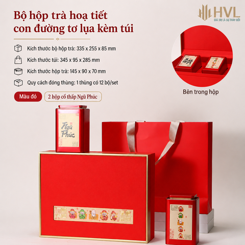 Bộ hộp trà hoạ tiết con đường tơ lụa kèm túi