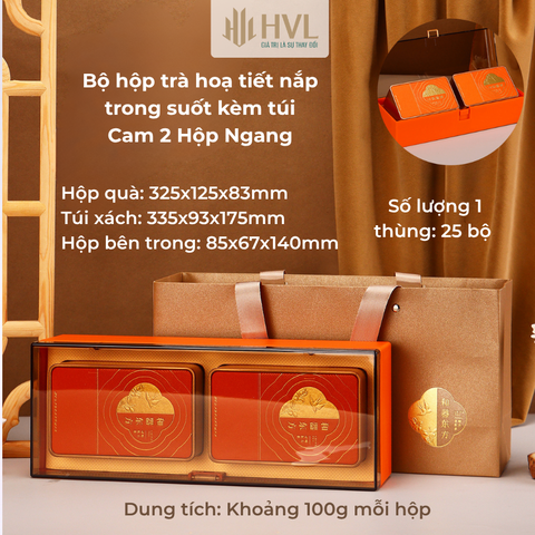 Bộ hộp trà hoạ tiết nắp trong suốt kèm túi
