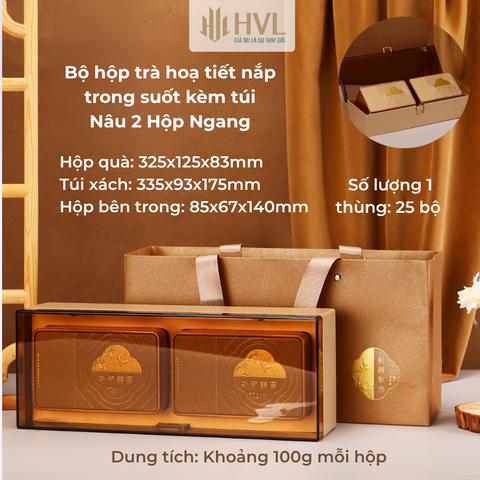 Bộ hộp trà hoạ tiết nắp trong suốt kèm túi