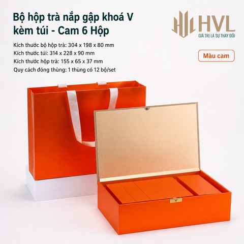 Bộ hộp trà nắp gập khoá V kèm túi