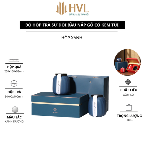 Bộ hộp trà sứ Đôi Bầu nắp gỗ có kèm túi
