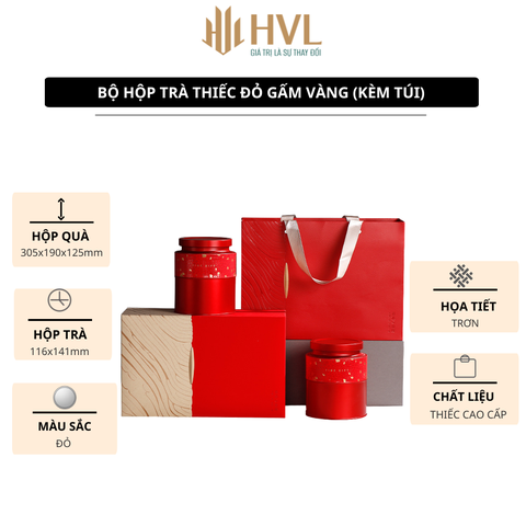 Bộ Hộp Trà Thiếc Đỏ Gấm Vàng (Kèm Túi) HT87 Sang Trọng | Bao Bì HVL