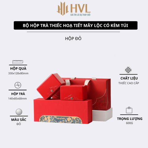 Bộ hộp trà thiếc hoạ tiết Mây Lộc có kèm túi