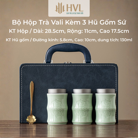 Bộ Hộp Trà Vali Kèm 3 Hũ Gốm Sứ