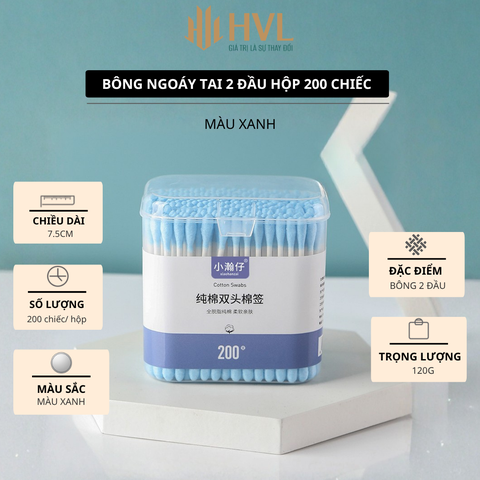 Bông ngoáy tai 2 đầu hộp 200 chiếc - Màu Xanh