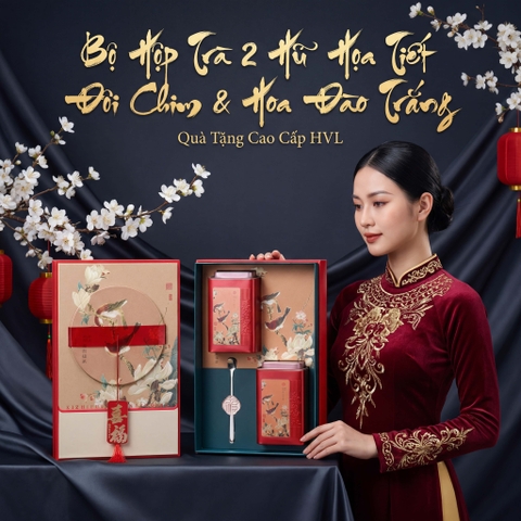 Bộ Hộp Trà 2 Hũ Họa Tiết Đôi Chim & Hoa Đào Trắng - Quà Tặng Cao Cấp HVL