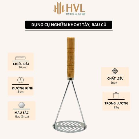 Dụng cụ nghiền khoai tây, rau củ inox cán gỗ