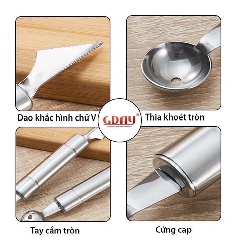 Dụng cụ khắc tỉa nạo tạo hình hoa quả, 2 đầu tao hình chuyên nghiệp, chất liệu inox 304 cao cấp - Bartender Wit