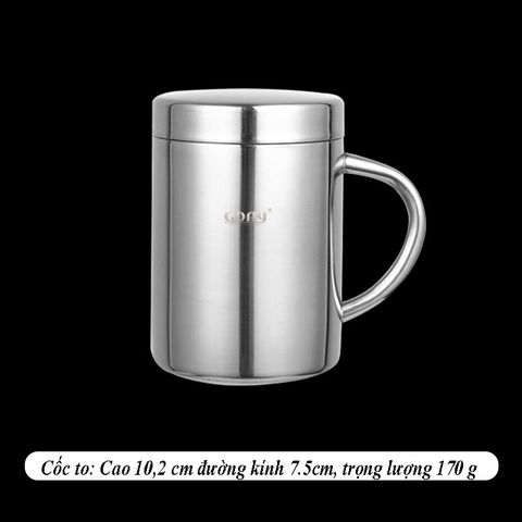 Cốc inox cách nhiệt, có quai, có nắp, cứng bền, cách nhiệt, ca inox 304 cao cấp - HVL TEA