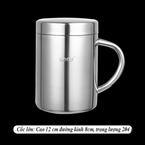 Cốc inox cách nhiệt, có quai, có nắp, cứng bền, cách nhiệt, ca inox 304 cao cấp - HVL TEA