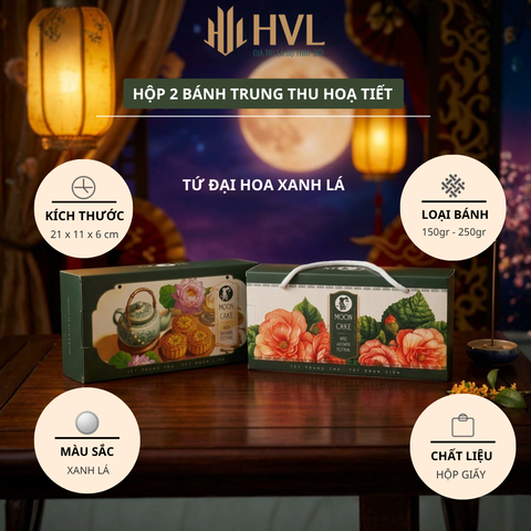 Hộp 2 bánh Trung Thu hoạ tiết - Tứ Đại Hoa Xanh Lá