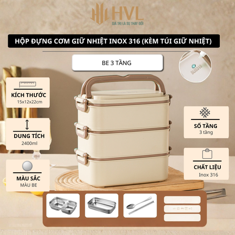 Hộp đựng cơm giữ nhiệt inox 316 (kèm túi giữ nhiệt)