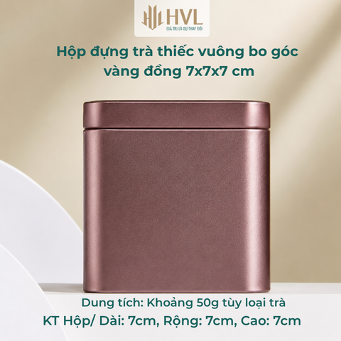 Hộp đựng trà thiếc vuông bo góc vàng đồng 7x7x7 cm