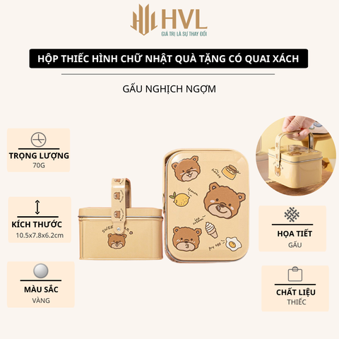 Hộp thiếc đựng bánh kẹo gấu thỏ hình chữ nhật có quai xách