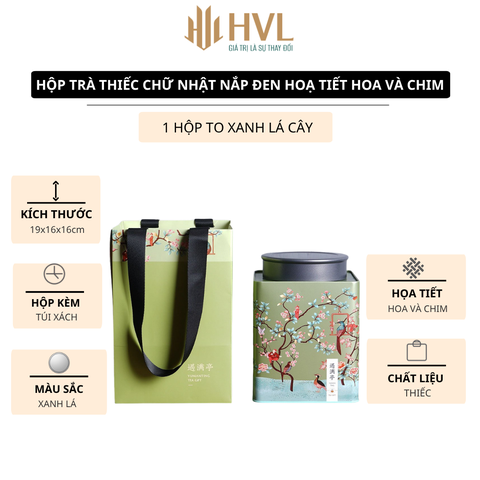 Hộp trà thiếc chữ nhật nắp đen hoạ tiết Hoa và Chim (kèm túi)